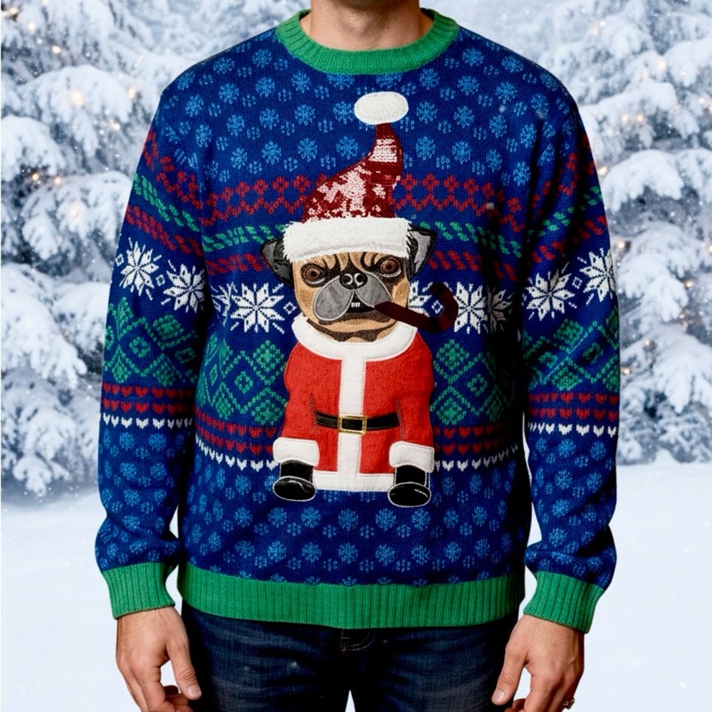 33 Degrees Pug Santa Ugly Christmas Sweater Size XL - Picture 2 of 8